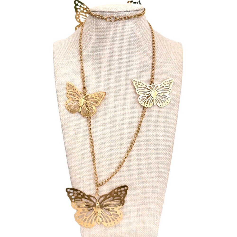 Gold Tone Filigree Butterfly Station Necklace Statement Long Chain Charm Descri